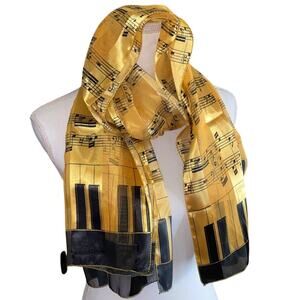 Black Gold Piano Keyboard Music Note Satin Stripe Scarf Sheer two, pair bundle